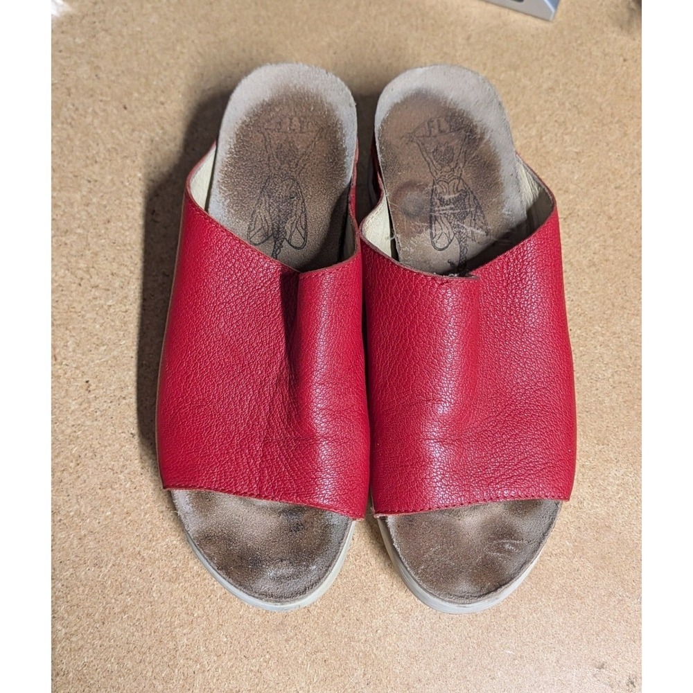 Fly London Wigg Wedge Slide Platform Sandals Red Pebbled Leather Mules Size 40/9 - Picture 6 of 8